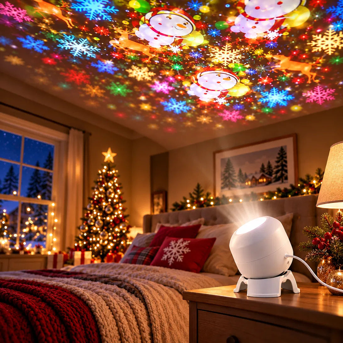 Winterglow projector displaying colourful Christmas motifs in a room decorated for the holidays